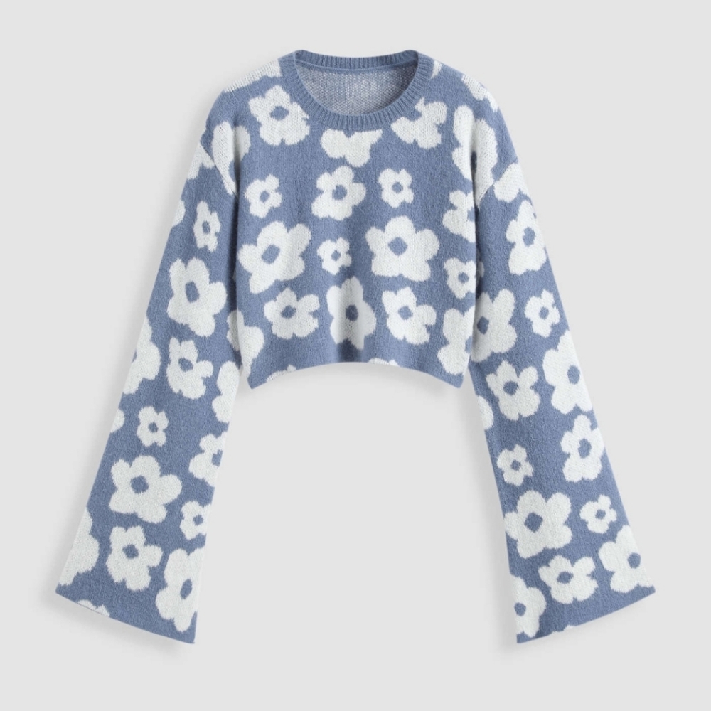 Floral Bell Sleeve Knitted Crop Top